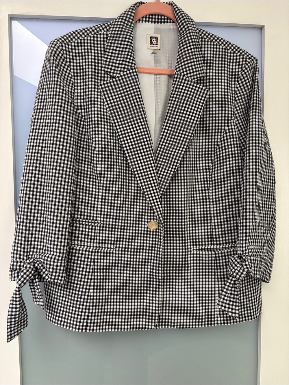 Anne Klein Black & White Gingham Tie-Sleeve Blazer